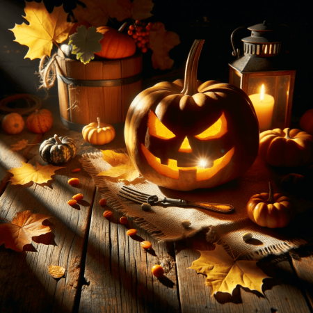 – dalle 2023 10 25 13 15 09 photo of a brightly lit jack o lantern on a wooden table casting eerie shadows with autumn leaves scattered around