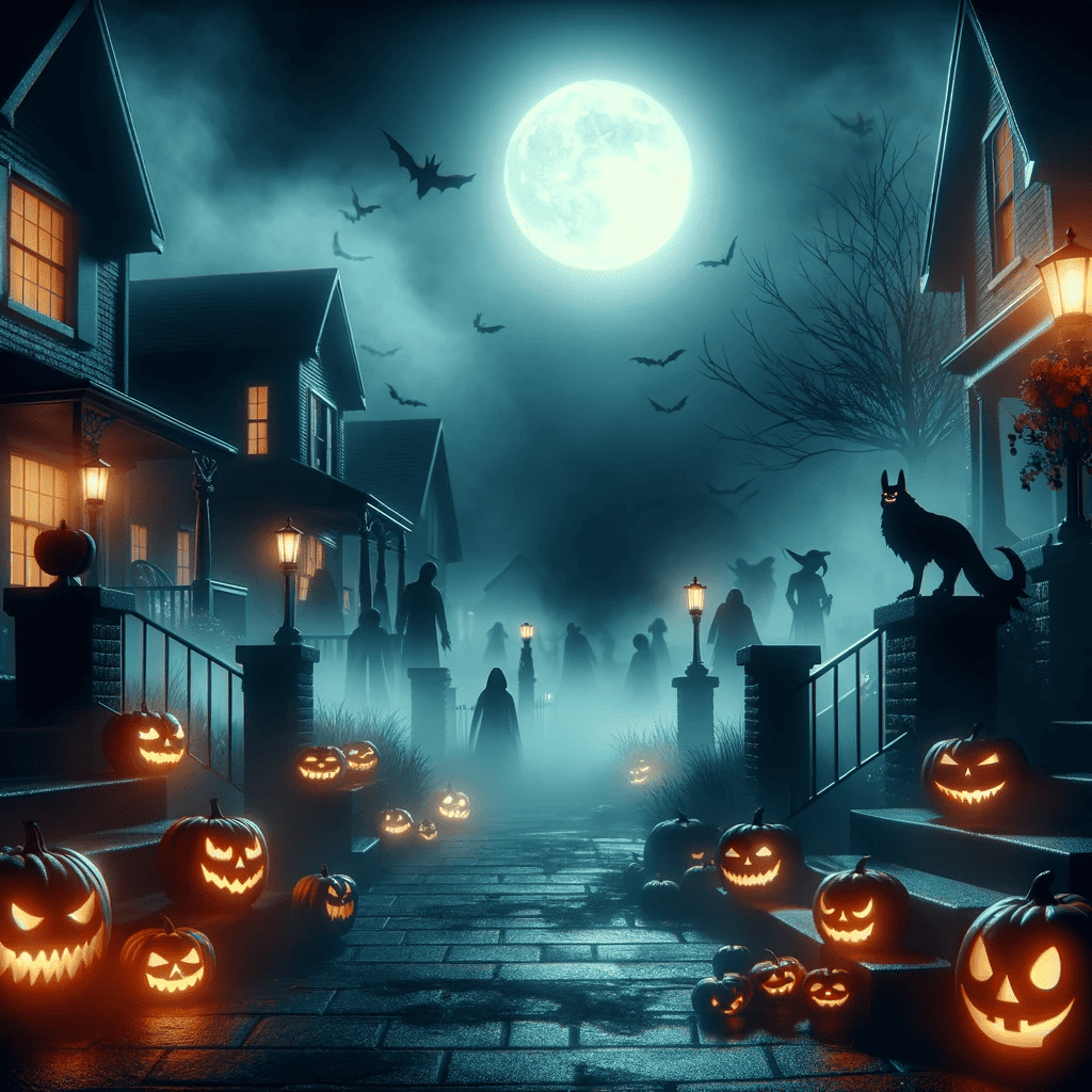 – dalle 2023 10 27 15 21 47 photo of a dark misty street on halloween night jack o lanterns glow eerily on the front steps of houses silhouettes of monsters like vampires we