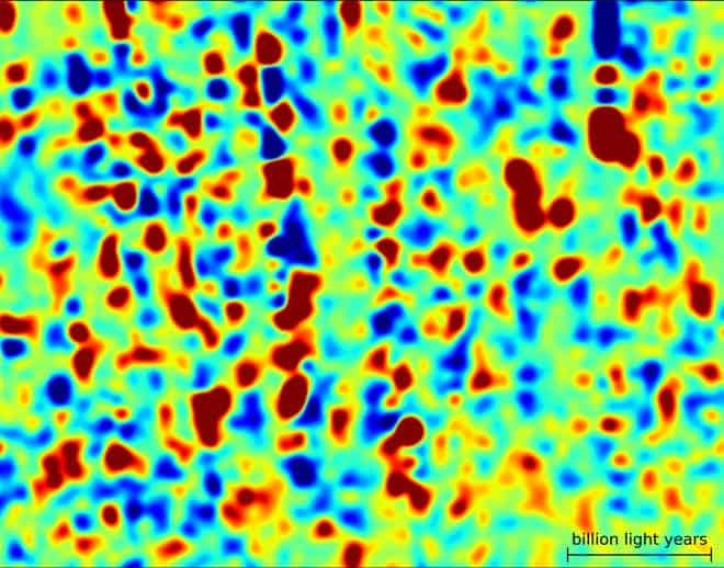 Slice of the full map showing the density of hydrogen gas in the ancient universe. Blue represents little gas, while red represents dense clouds.