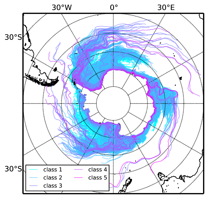 This map shows the trajectory of Antarctic icebergs of different sizes. Class 1 icebergs are the smallest. Class 5 are the largest.