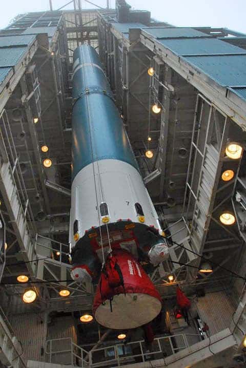 United Launch Alliance's Delta 2 rocket prepped for launch on the Vandenberg Air Force Base's Space Launch Complex 2,  first stage on July 20. (c) NASA/VAFB