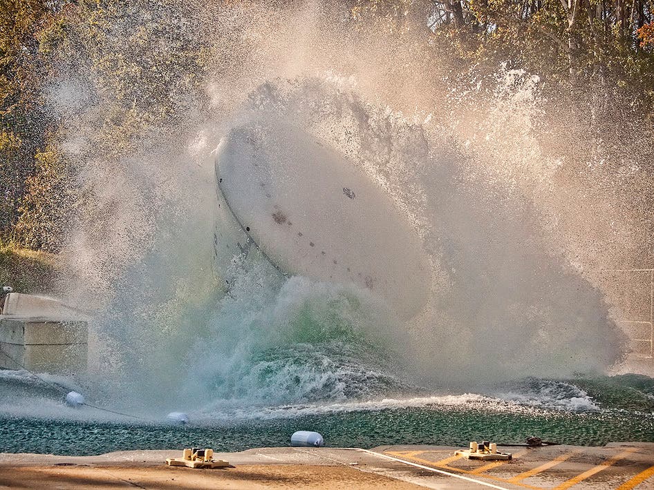 Orion Multi-Purpose Crew Vehicle at the water landing test at NASA Langley's Hydro Impact Basin. Credit: NASA/Sean Smith