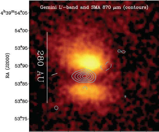 This image is showing reflected light from the upper surface of the disk around the protostar, and the contours show the emission from cold, dusty material in the disk.