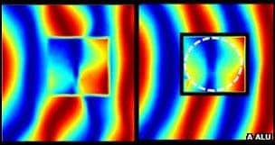 Microwaves can be seen being blocked and scattered without (l), and 