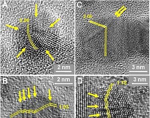 Images of single and twinned nanodiamonds show the atomic lattice framework of the nanodiamonds. Each dot represents a single atom. (c) UCSB