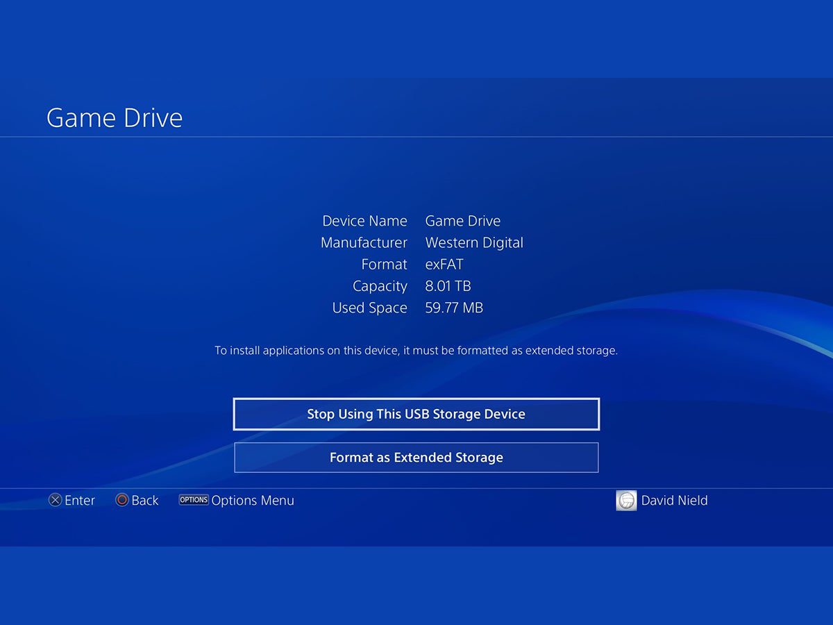 The settings screen for an external PS4 storage device.