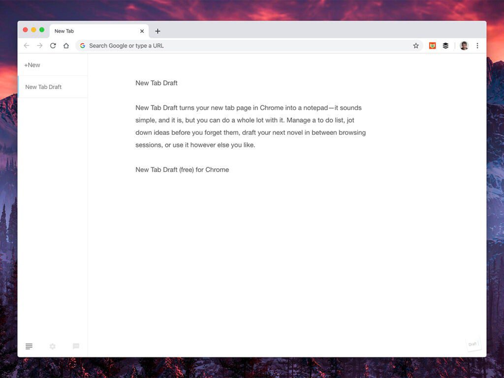 a screenshot of the new tab page browser extension New Tab Draft in Google Chrome