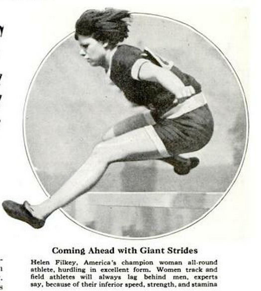 Helen Filkey, America's champion woman all-around athlete, hurdling in excellent form. Women track and field athletes will always lag behind men, experts say, because of their inferior strength, speed, and stamina.