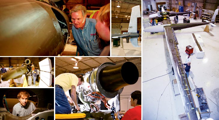 <em>Clockwise from above: Burt Rutan inspects the GlobalFlyer cockpit. Tail assemblies will dampen movement better than Voyager's (1986). Engineers prepare wings for aileron attachment. The engine's exhaust nozzle is made entirely from carbon-fiber composite--a particular challenge given the high temperatures. Project engineer Jon Karkow framed by the cockpit entry, which will be filled with a pressure-sealed plug-style door. Other engineers affix epoxy-soaked strips of carbon-fiber fabric inside the fuselage.</em>