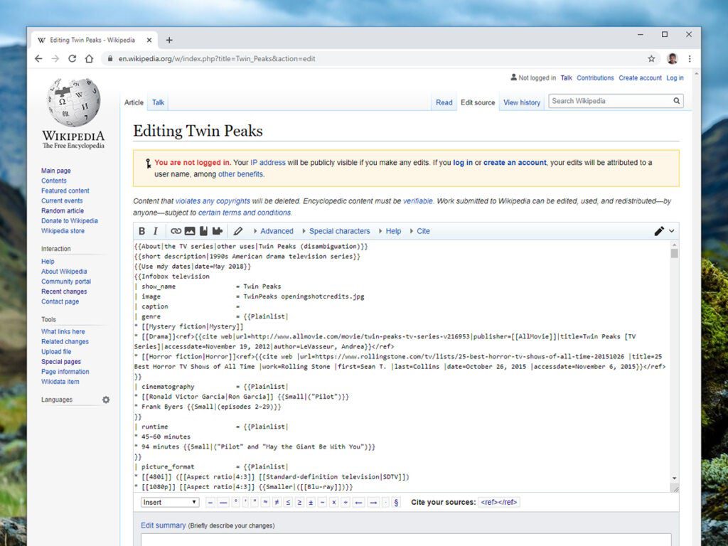 a screenshot of the edit tab for the Wikipedia page for Twin Peaks, the TV show