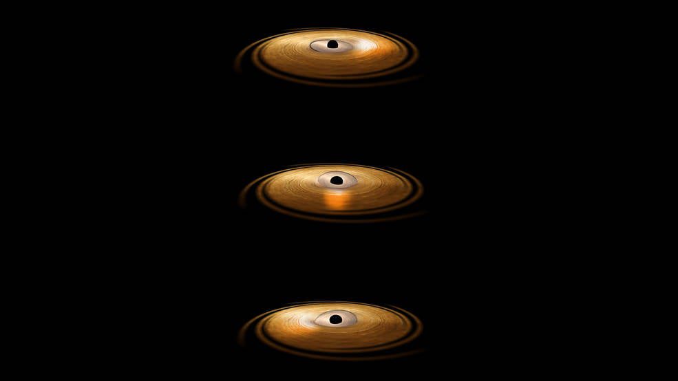 An artist depiction of of the accretion disk around a black hole as the orbit of the material changes orientation around the central object.