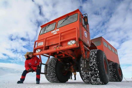 It takes a monster of a land vehicle to cross the Eastern Antarctic. The Norwegian-U.S. Scientific Traverse of Antarctica involves two overland traverses of East Antarctica: one in 2007-2008, and a return traverse via a different route in 2008-2009. Here, a team member works to get one of the shuttles moving.