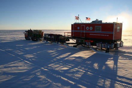 On November 20, 2007, the traverse vehicle "speeds" toward Site 1, where the team stopped for almost two days to fix radar antennas, replace the power supply in the UAVs, and take ice core samples.