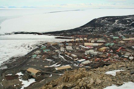 Built on the bare volcanic rock of Hut Point Peninsula on Ross Island, McMurdo Station is the largest Antarctic research station. One of the Season 2 expedition groups tested equipment here before heading on to the South Pole to meet up with the second group.