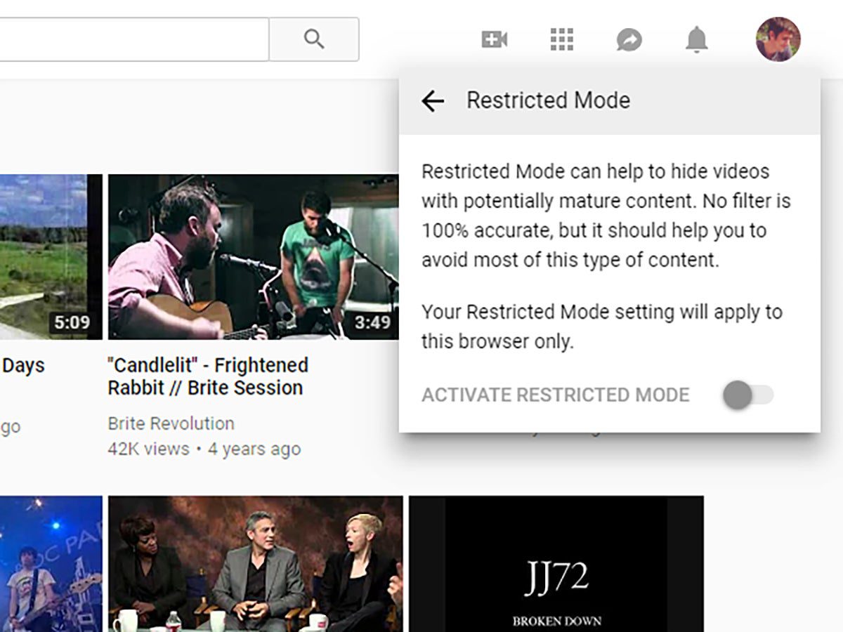 The dialog box for YouTube's restricted mode.