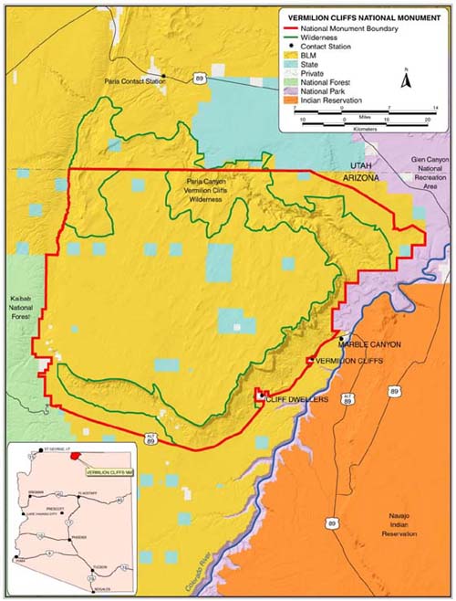 This map shows the Vermilion Cliffs National Monument, which straddles the Arizona-Utah Border. University of Utah geologists recently found rare dinosaur tracks in the Coyote Buttes North area of the monument.