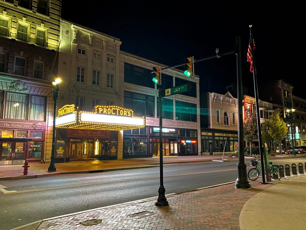 A theater sign at night taken with the iPhone 11 Pro camera