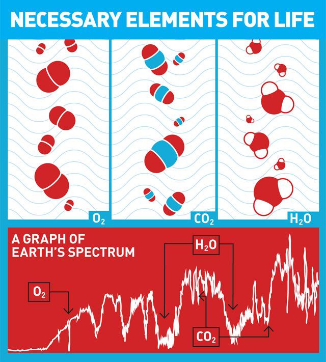 When starlight passes through a planet's atmosphere, certain elements absorb specific wavelengths of light, and these show up as dips in the spectrum.