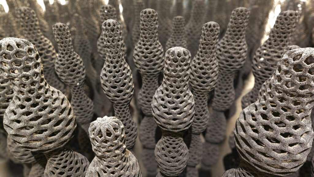 These bowling pin-looking structures are variable-diameter carbon nanotubes. University of Nebraska-Lincoln electrical engineering professor Dr. Yongfeng Lu discovered laser-based production techniques that can precisely control the length, diameter and properties of carbon nanotubes — no more single-walled boring cylinders here. Changing a nanotube's diameter from end to end changes its characteristics. Lu envisions variable-diameter nanotubes customized for specific uses.