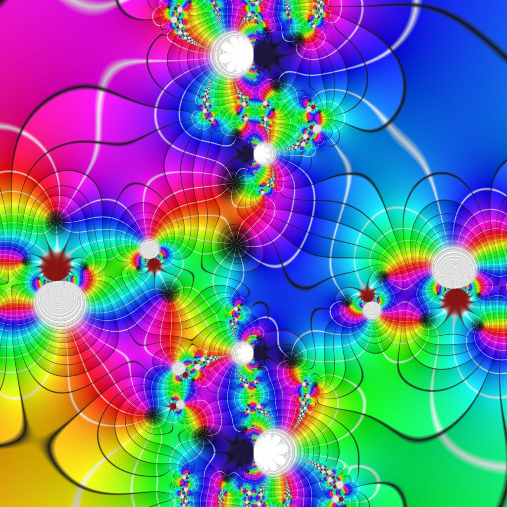 Complex functions are important in many areas of mathematics, physics and engineering. A complex function is one in which both variables are complex numbers. The picture shows the visualization of a complex function using a specifically designed color scheme. Following a technique called 'domain coloring,' the color scheme assigns a certain color to every complex number, inducing a coloring of the function domain according to its values at every point. So using this picture, you can explore properties of the function by easily spotting zeroes (black spots) or singularities (white spots). Contour lines indicate how the function deforms the complex plan.