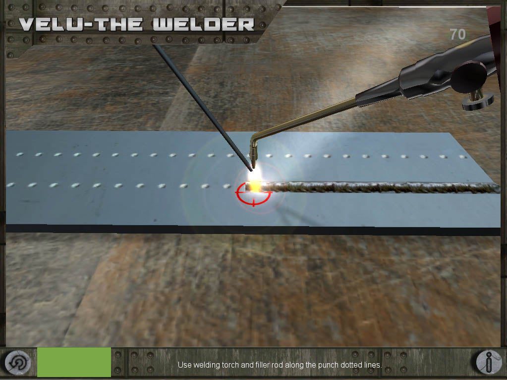 In this game, an apprentice named Velu gets basic training in the art of welding. The game is designed to expose players to basic skill sets involved in the craft of welding. Developed as a technology demonstrator for the National Skills Development of India, this game will be used to train millions of apprentices in a cost-effective way. The game is best played using a Nintendo Wii Remote, which serves as the welding gun.