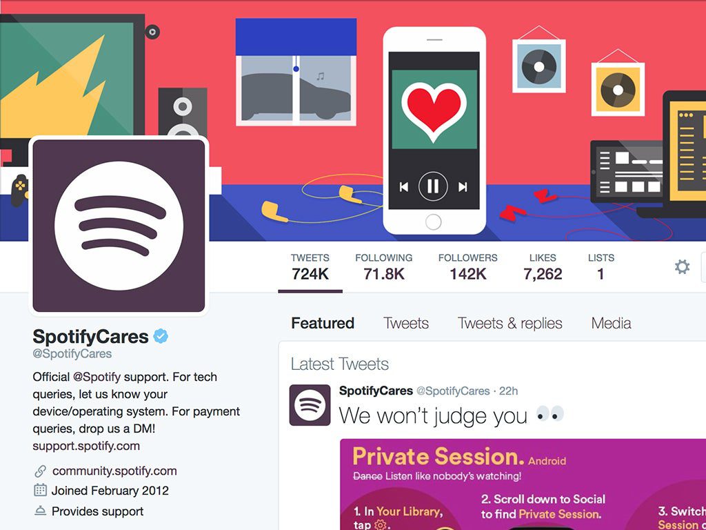 The Twitter account for @SpotifyCares.