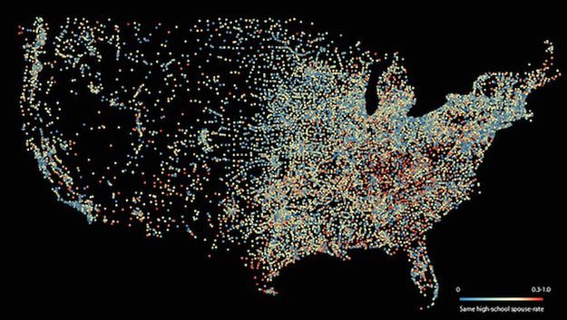 Red mean's it's more likely that married couples went to the same high school. Blue means less likely. Click to see the image a little larger.