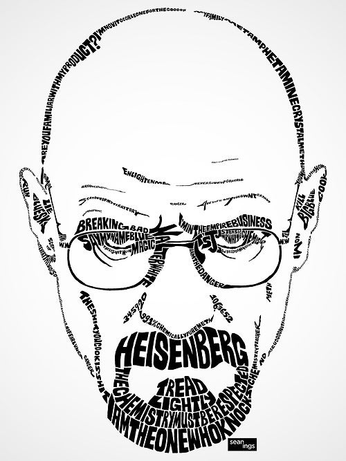 Artist Sean Williams makes stunning typographic portraits. Here's our favorite modern mad scientist, <em>Breaking Bad</em>'s very own Walter White.