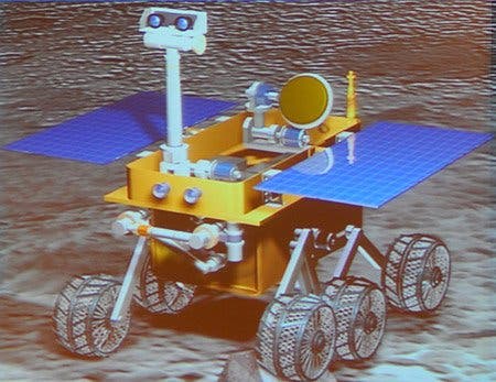 An image of the Chang'e-3 Chinese Lunar Rover presented at the IEEE's International Conference on Robotics and Automation in Shanghai. (c) IEEE Spectrum