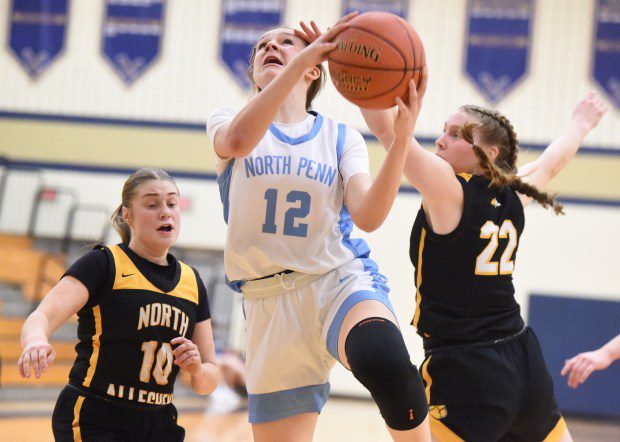 North Penn's Lily Brown, 12, goes up for a shot against North Allegheny during their PIAA-6A second round game on Tuesday, March 12, 2024 at Bald Eagle Area High School. (Mike Cabrey/MediaNews Group)