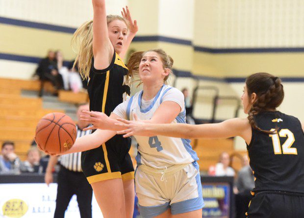 North Penn's Caleigh Sperling, 4, goes up for a shot against North Allegheny during their PIAA-6A second round game on Tuesday, March 12, 2024 at Bald Eagle Area High School. (Mike Cabrey/MediaNews Group)