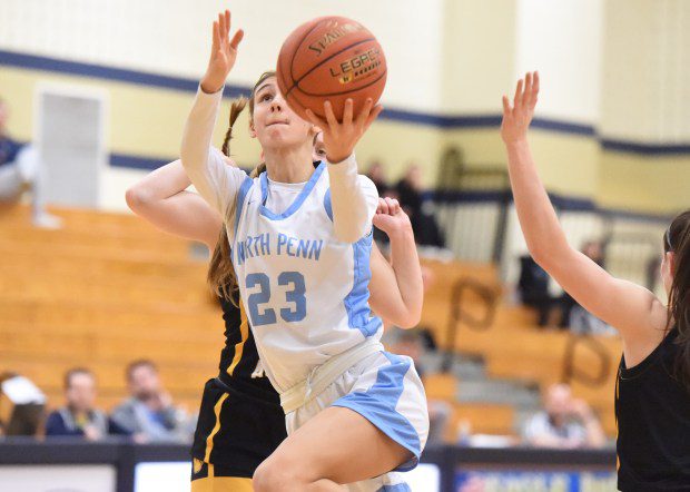 North Penn's Liv Stone, 23, goes up for a shot against North Allegheny during their PIAA-6A second round game on Tuesday, March 12, 2024 at Bald Eagle Area High School. (Mike Cabrey/MediaNews Group)