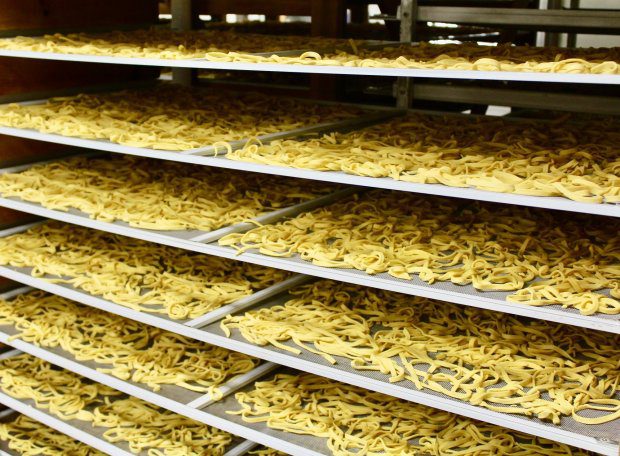 Racks of noodles are made from scratch at Dutch Country Market, between Middlebury and Shipshewana, Indiana. (Mary Bergin)