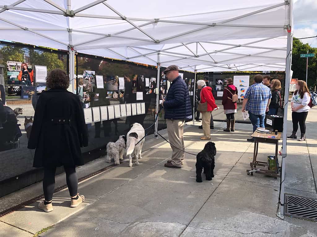 Visitors view the exhibit