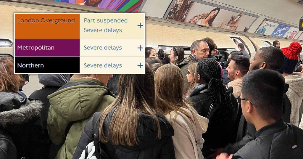 Commuters on a London Underground train.