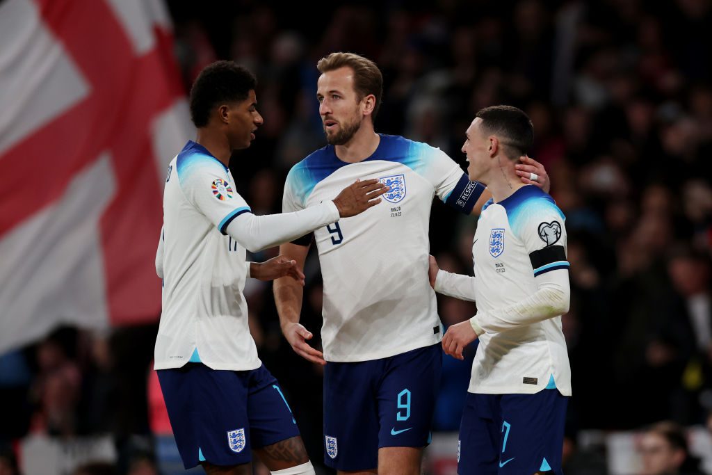 England players celebrate scoring a goal in a Euro 2024 qualifier