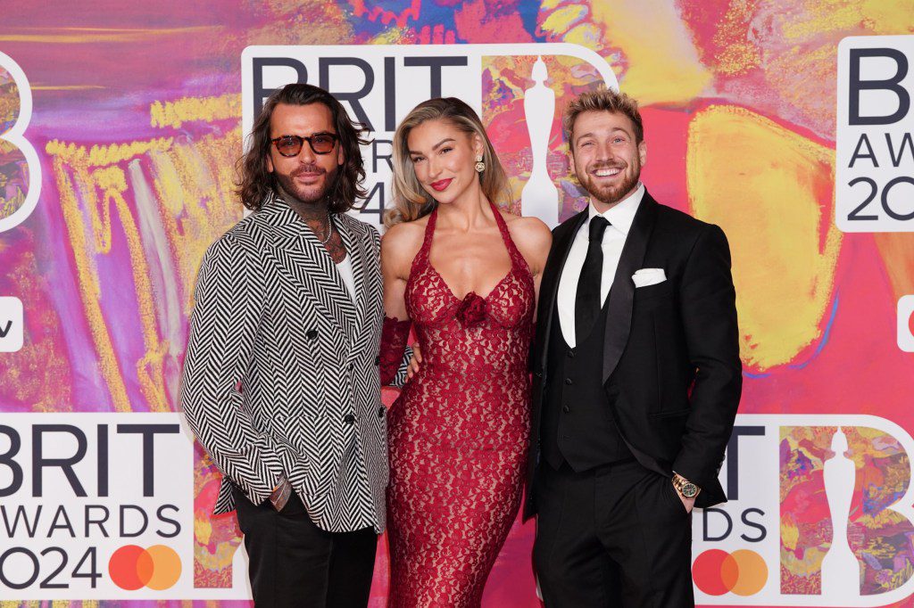 (left to right) Pete Wicks, Zara McDermott and Sam Thompson 