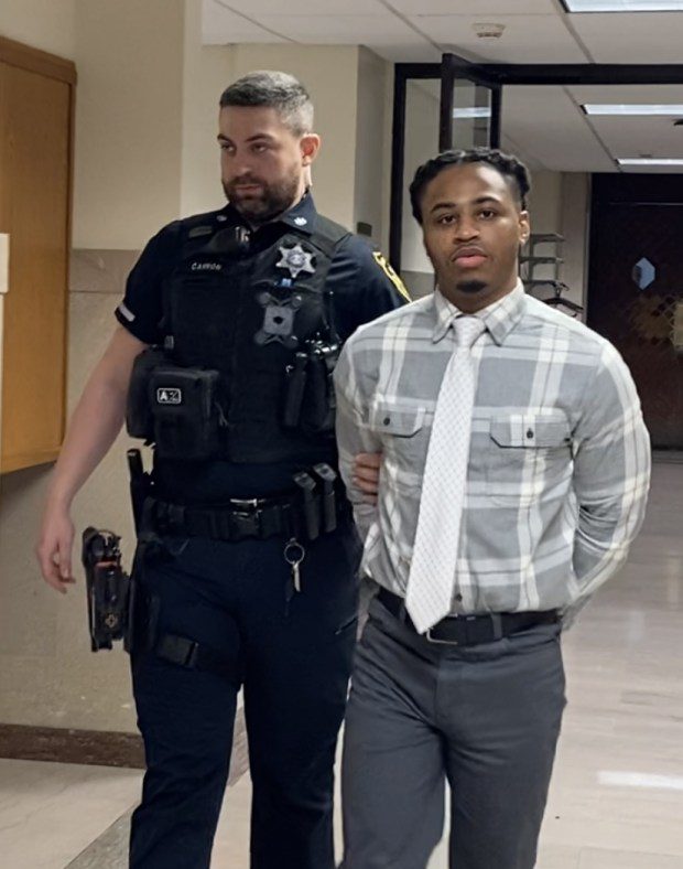 Marquise Alexander Johnson, 24, is escorted by a deputy sheriff from a Montgomery County courtroom on Feb. 26, 2024, during a break at his homicide trial. (Photo by Carl Hessler Jr. - MediaNews Group)