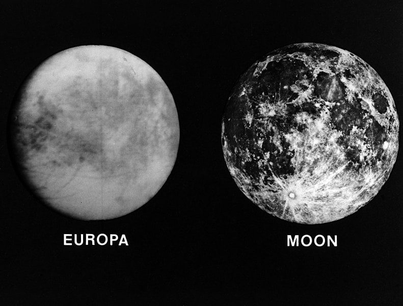 Jupiter’s moon Europa and the Earth’s Moon shown at the same scale. The diameter of Europa is 3,130 kilometers; the diameter of Earth’s Moon is 3,476 kilometers. Prepared for NASA by Stephen Paul Meszaros.