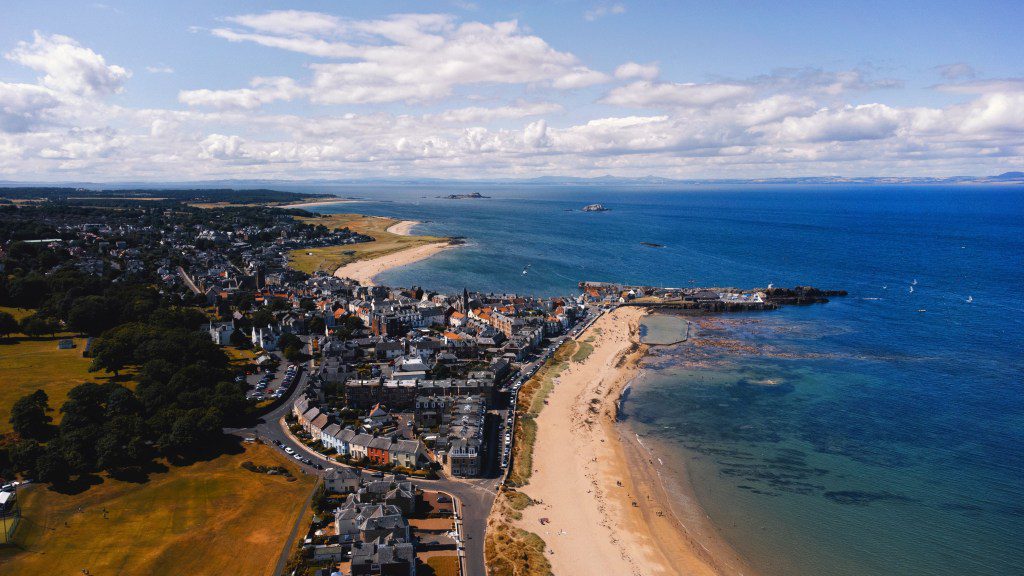 Aerial of North Berwick seaside town in East Lothian, Scotland.