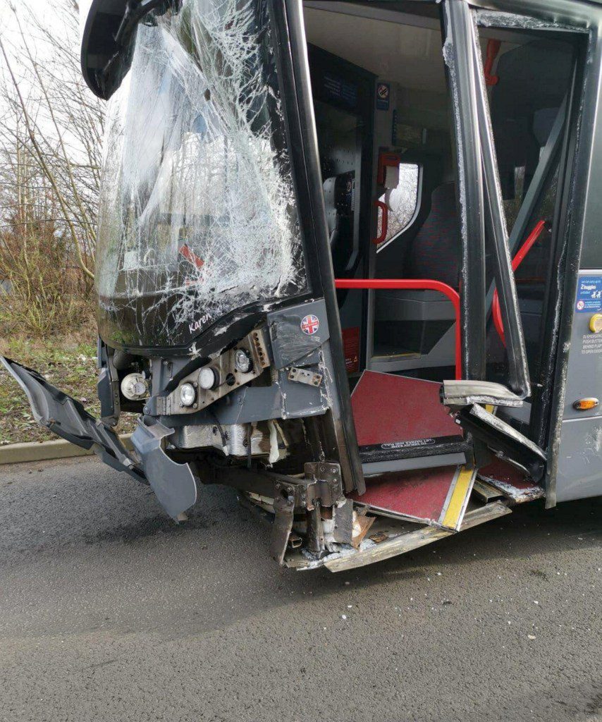 Damage to the bus after shocking dash-cam footage captured the moment a bus ploughed into a car after the driver pulled out into a bus lane. March 13, 2024. Release date - March 14, 2024. Shocking dash-cam footage shows the moment a bus ploughed into a car after an impatient driver pulled out into a bus lane while queuing in busy traffic. Three people had a lucky escape after the bus smashed into the dark-coloured vehicle, which then careered into three other cars in Small Heath, Birmingham. Emergency services were called to the busy dual carriageway following the collision at around 3.40pm yesterday (Wed). A woman, a teenage girl and a boy were treated at the scene by paramedics but incredibly avoided serious injury and there no other reports of anyone being hurt.