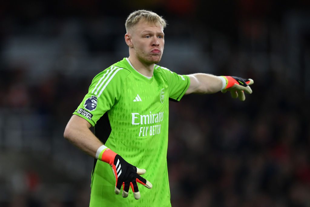 Aaron Ramsdale of Arsenal reacts during the Premier League match between Arsenal FC and Brentford FC at Emirates Stadium 