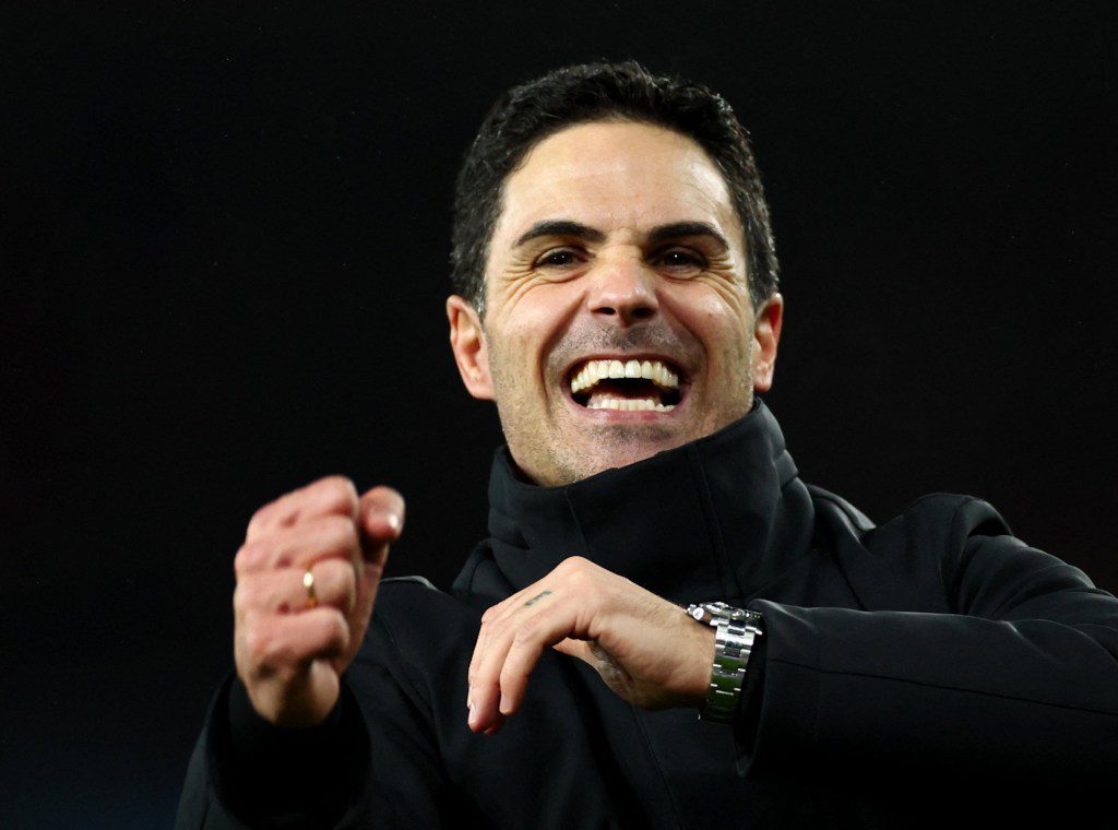 Arsenal football manager Mikel Arteta celebrating a goal.