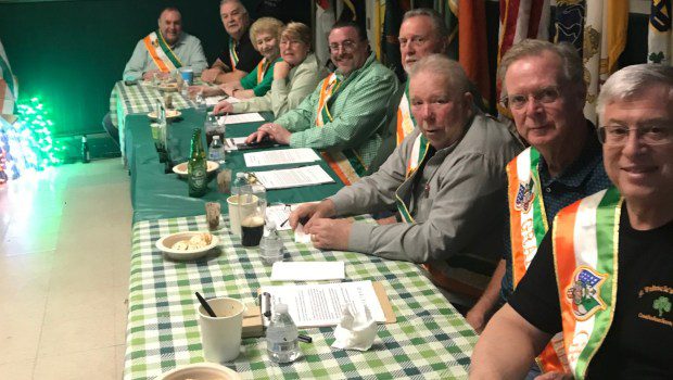 Past Grand Marshals serve as judges for the Irish Coffee Contest. (Photo provided by Pete Hand, AOH parade committee)