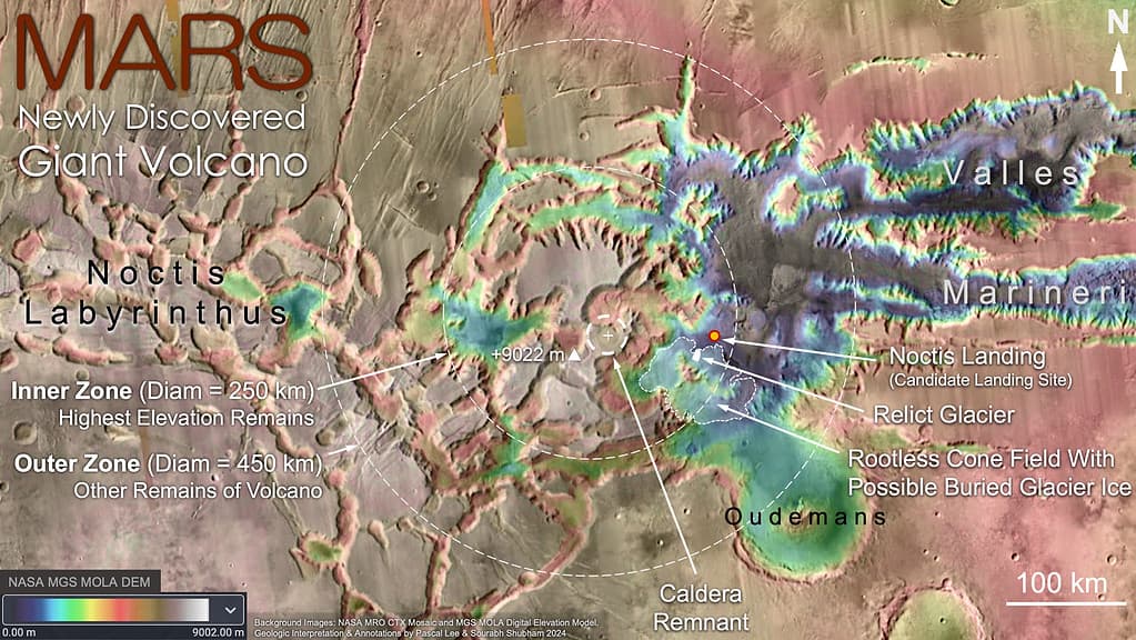 The Noctis volcano does not present the conventional cone shape of a typical volcano because a long history of deep fracturing and erosion has modified it. 