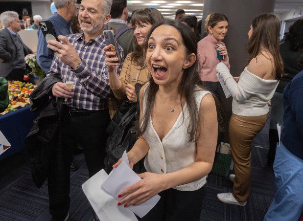 Tufts University School of Medicine student Sureya Hussani screams out after getting matched with UCLA Medical Center in California. (Matt Stone/Boston Herald)