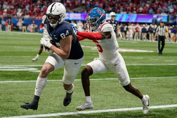 Penn State tight end Theo Johnson has improved his draft stock with his performances at the Senior Bowl and NFL Scouting Combine. (AP Photo/Brynn Anderson)