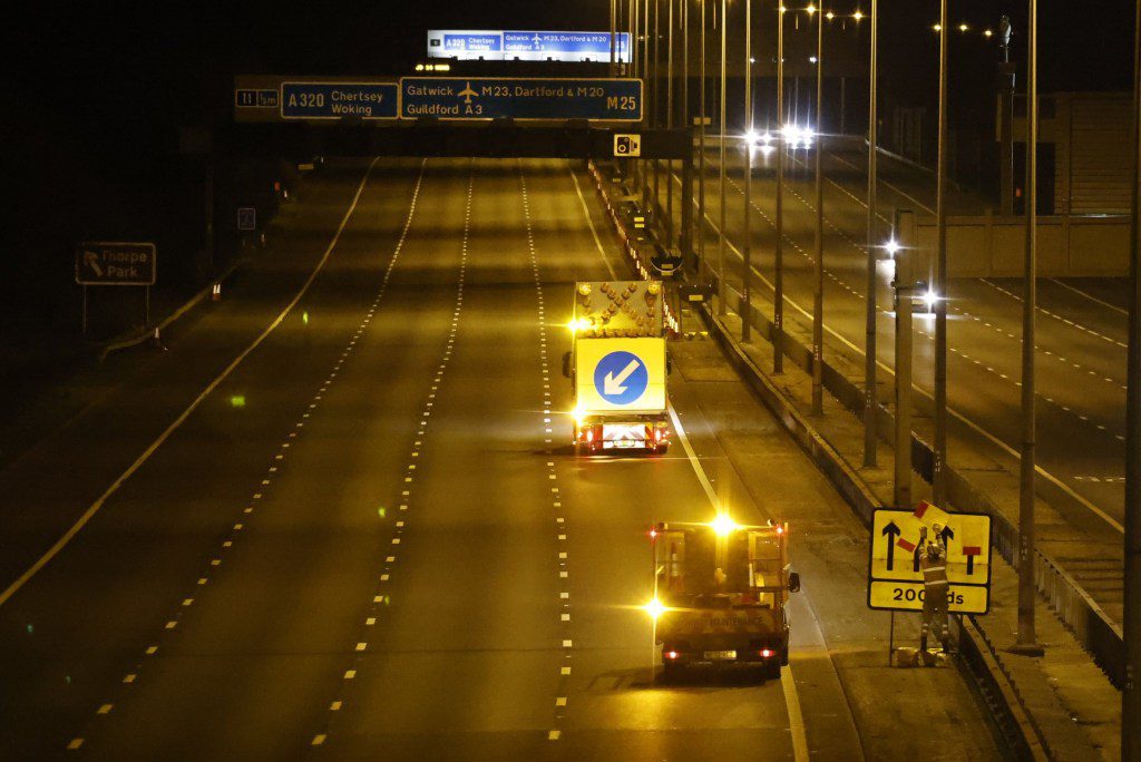 A roadblock on the M25 at night