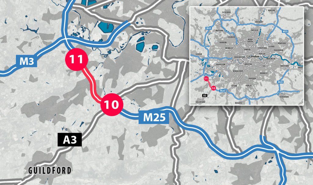 A map showing the unction 10 and 11 closure on the M25.