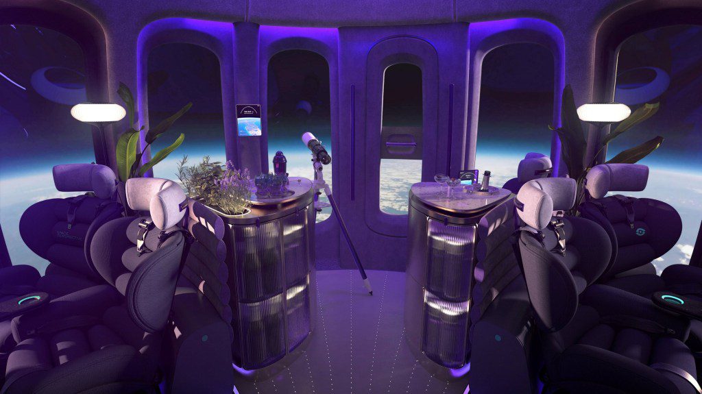 Artist impression of customisable ???Space Lounge??? interior of the capsule. See SWNS story SWMRspaceballoon. The luxury capsule set to carry passengers to the edge of space by balloon has been unveiled. On Tuesday (20 Feb), Florida-based Space Perspective showed off the finished version of their Spaceship Neptune - Excelsior test capsule. The firm plans to fly the pressurised craft using a so-called giant 'SpaceBalloon' to gently ascend to an altitude of more than 100,000ft (32km). Up to eight passengers will pay $125,000 (??100,000) per ticket for the opportunity, and will enjoy a world-class food and beverage program, comfortable seating, and amenities like custom headphones. Space Perspective said they aim to begin taking its more than 1,750 current ticket holders ??? more than any other space tourism company ??? to the edge of space in 2025, and are expected to hit 4,000 seats sold ??? $400M in bookings ??? by the end of this year.